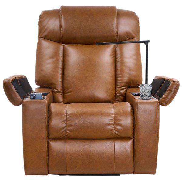 Brown leather recliner with open arm compartments and tray